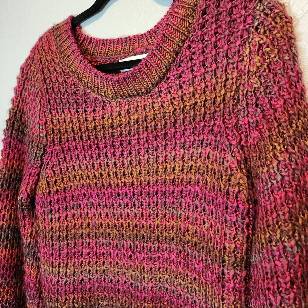 Rockin C Small Chunky Knit Sweater Space Dye Pink Rust Balloon Sleeve Pullover